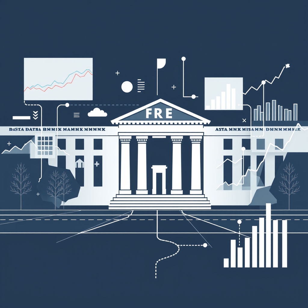 An illustration depicting a financial data transition, featuring a stylized representation of a digital interface with graphs and charts, symbolizing the removal of a data package option. The background includes abstract shapes representing the Federal Reserve and economic data.