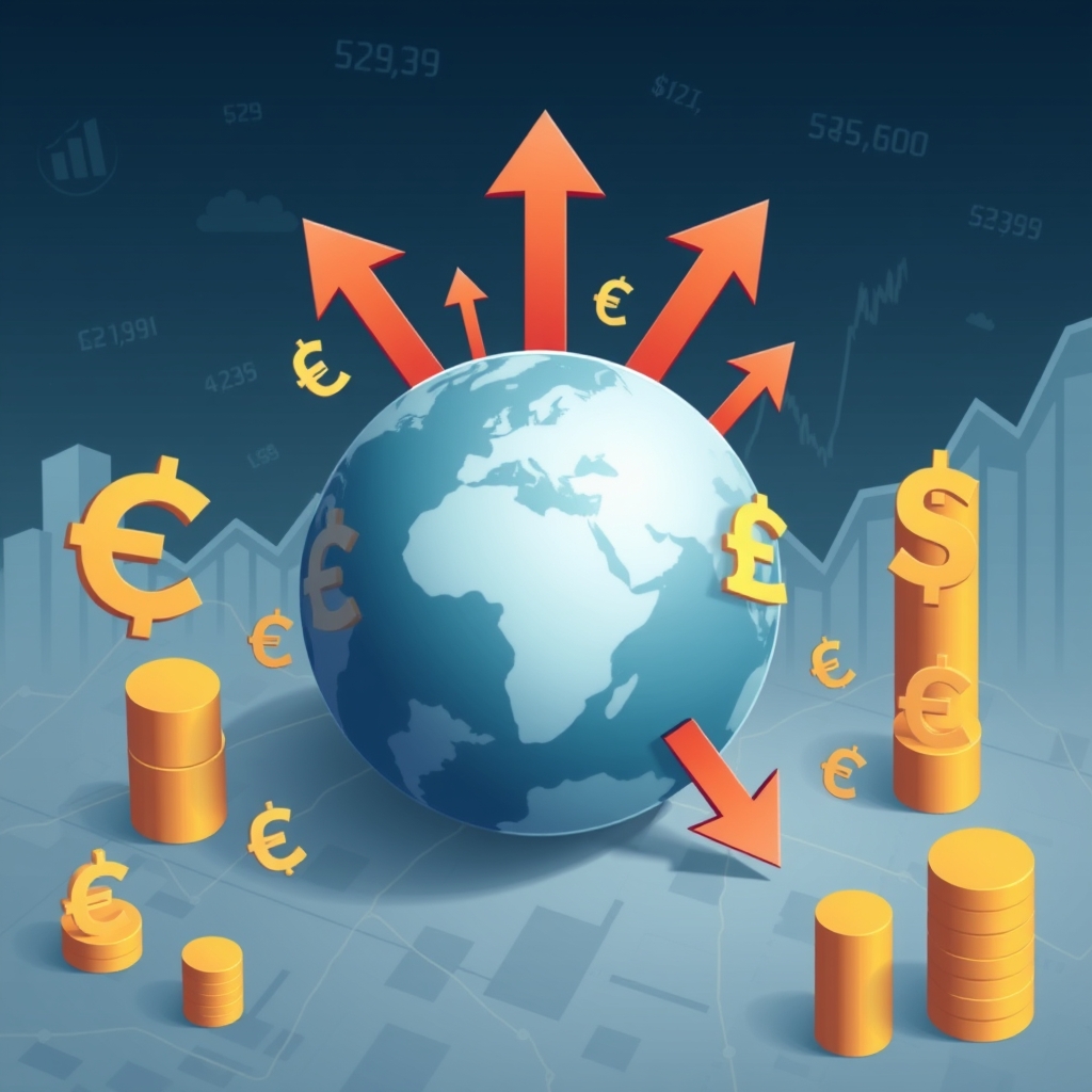A detailed illustration of foreign exchange rates, featuring a globe with currency symbols from various countries, arrows indicating fluctuations in rates, and a background of financial graphs and charts.