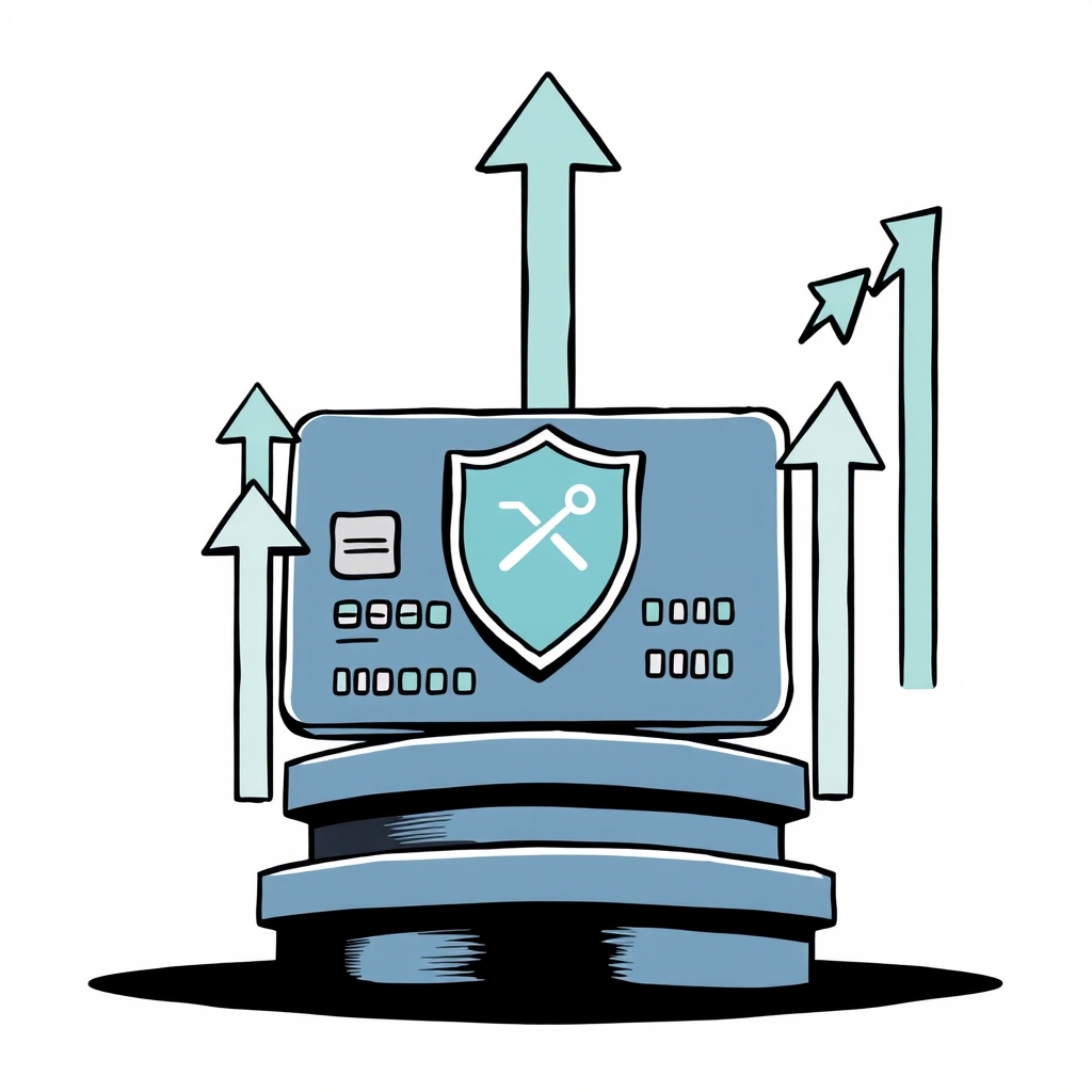 An illustration of a credit card with a shield symbol, representing financial protection against debt, surrounded by upward arrows indicating rising interest rates.